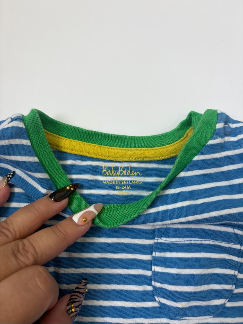 Baby Boden Blue and White Striped Long Sleeve Tee with Green Trim